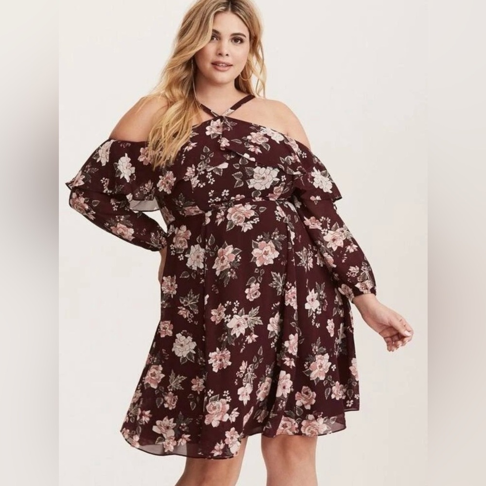 Torrid Floral Cold Shoulder Dress Burgundy Size 16
